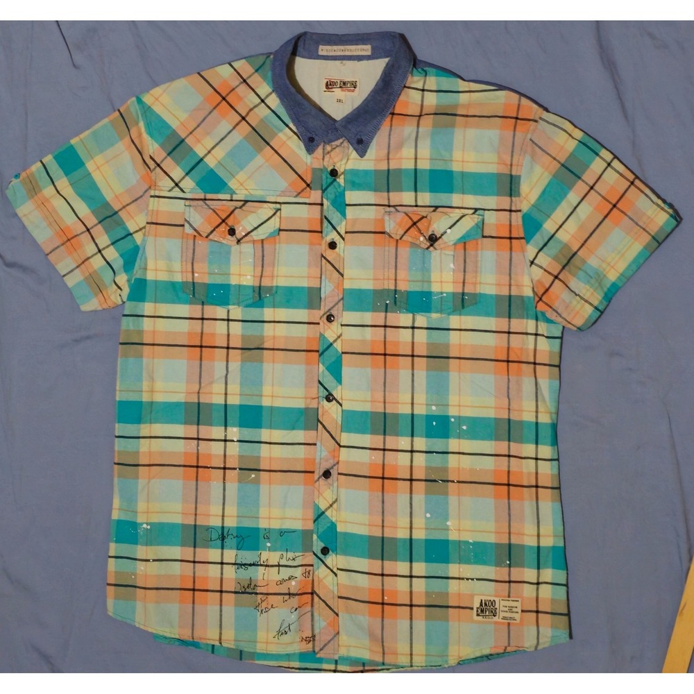 Akoo Empire Button Down Shirt XXL Luther Plaid Distressed Paint Stain Streetwear